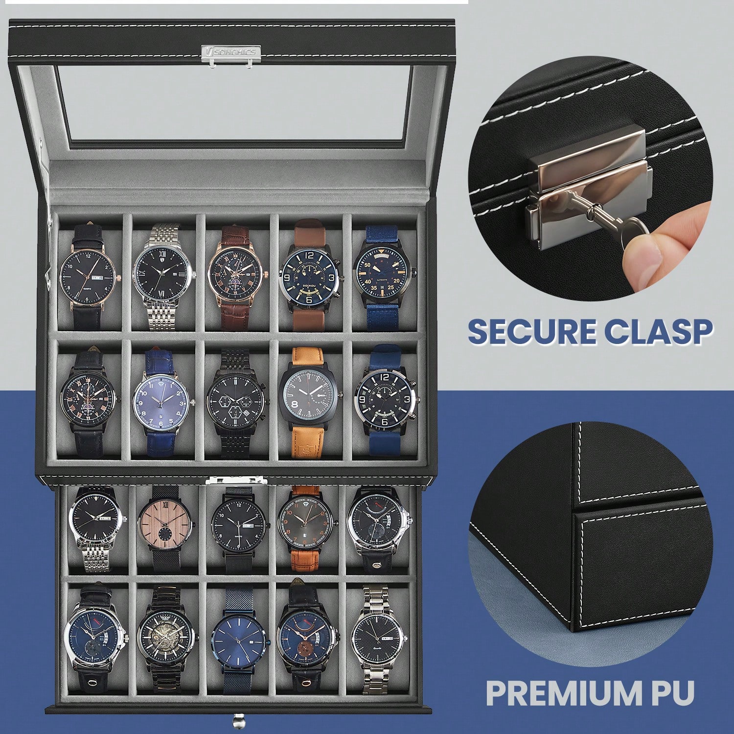 20 Bölmeli Cam Kapaklı ve Kili - Watch Display Box incelemesi ve fiyatı